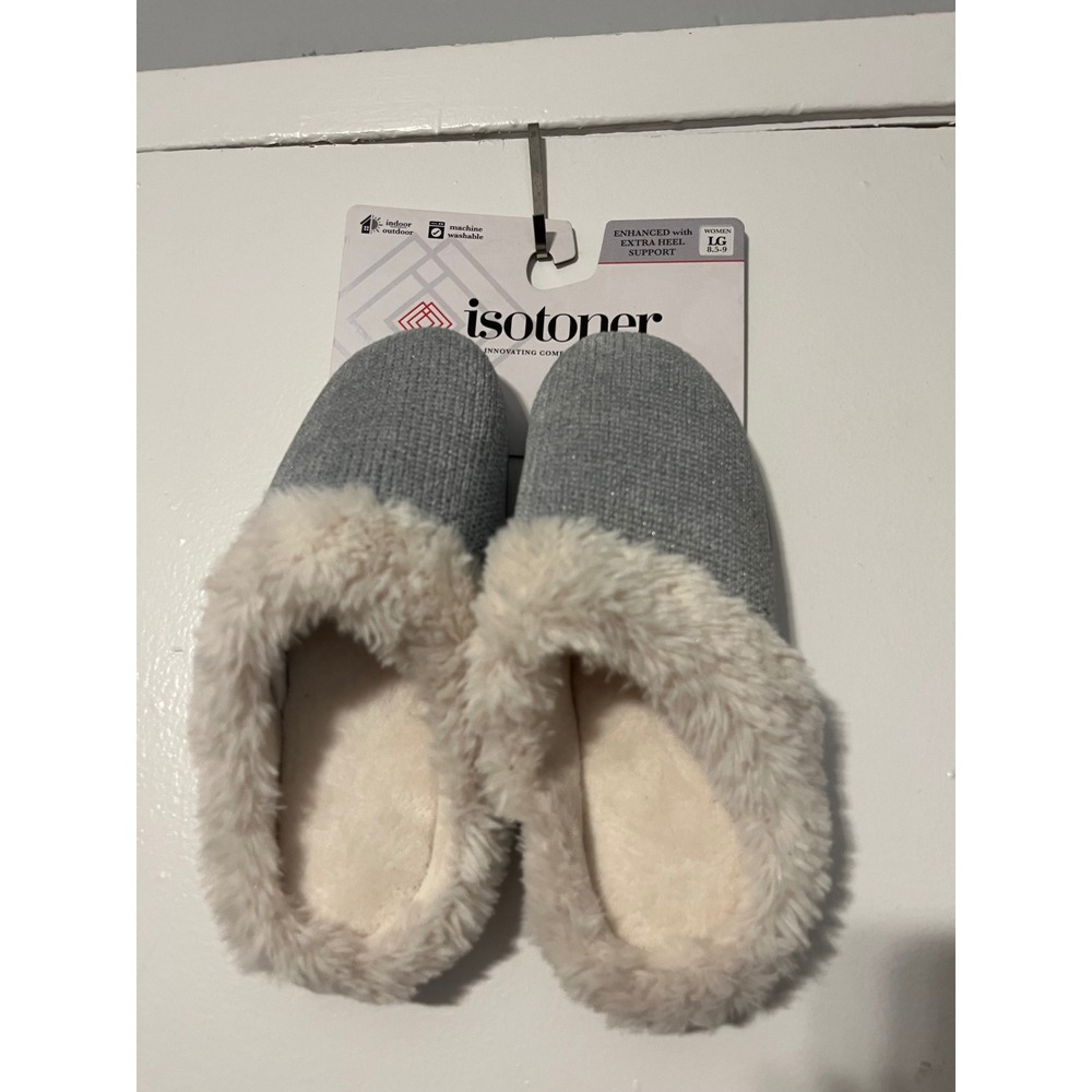 Isotoner Womens Clog Slippers‎ Blue Fog Sparkle Knit Faux Fur Large 8.5-9 383KR